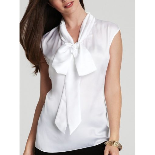 бяла блуза без ръкав сатенена яка тип панделка