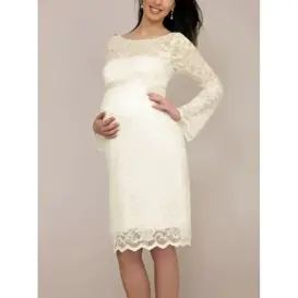 бяла дантелена рокля за бременни дълъг ръкав дантелен | evizabg.com