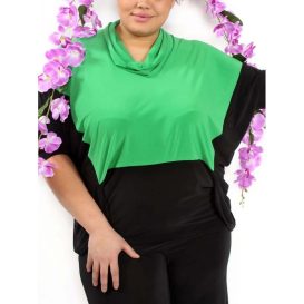 макси блуза два цвята зелено черно прилеп ръкав високо деколте