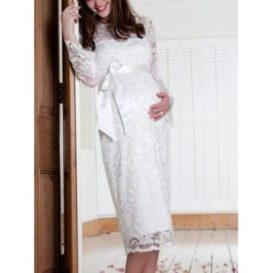 елегатна рокля сатенен колан бременни бяла дантела сватба