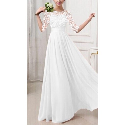 бяла рокля шифон дантела сватбена сатенен колан
