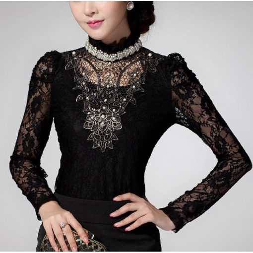 стилна екстравагантна черна блуза декорирана дантела перли