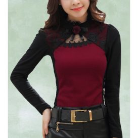 блуза червено черно стилна ефектна дълъг ръкав