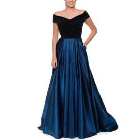 дълга официална рокля сатен кралско синьо еластична
