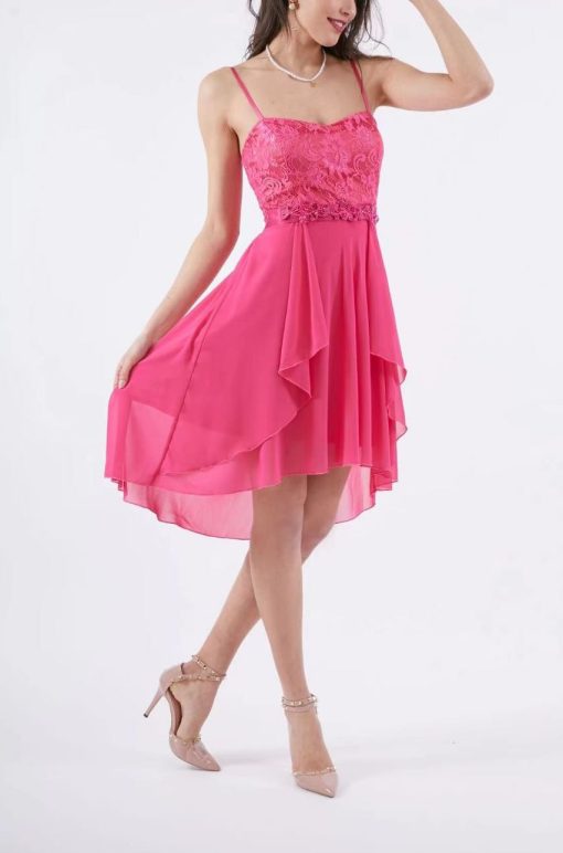 рокля розова шифонена дантелена тънки презрамки